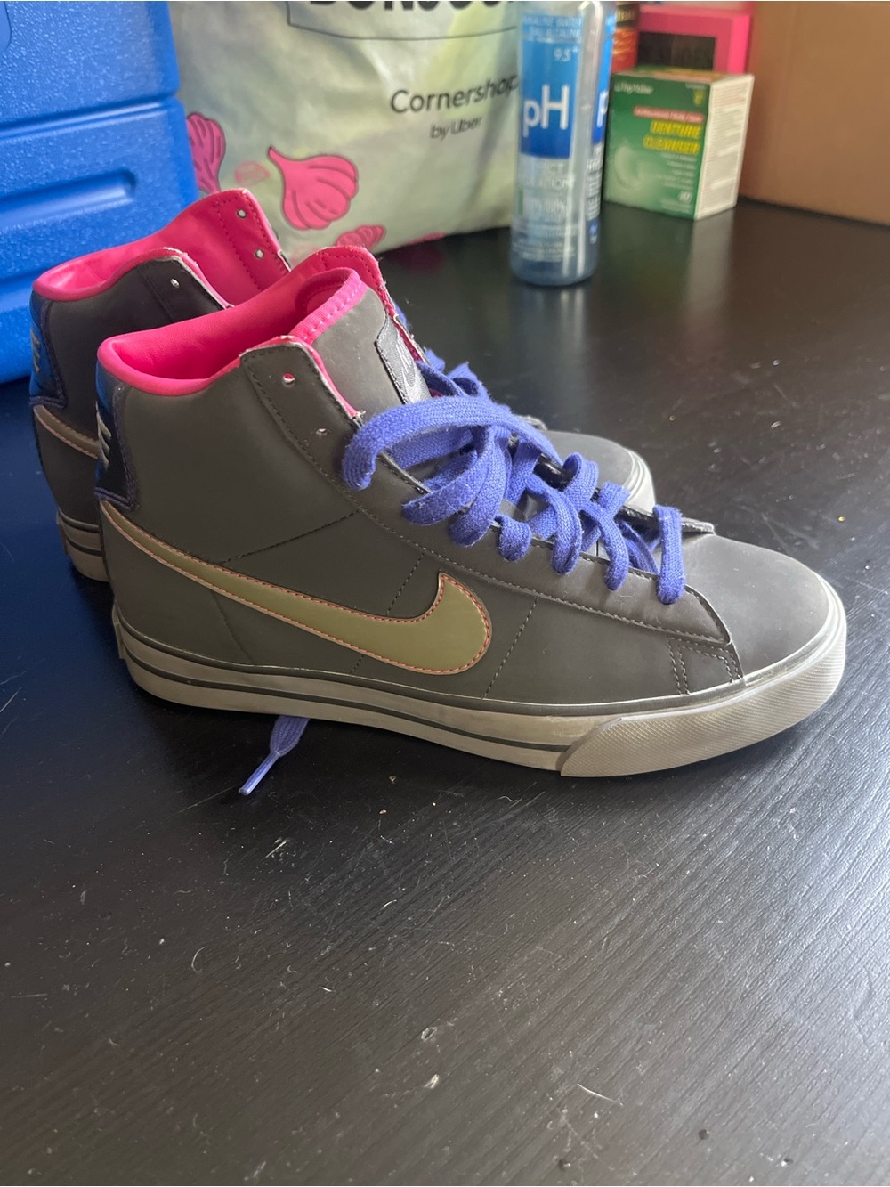 Nike High-Top Sneakers in Gray with Pink Lining and Purple Laces